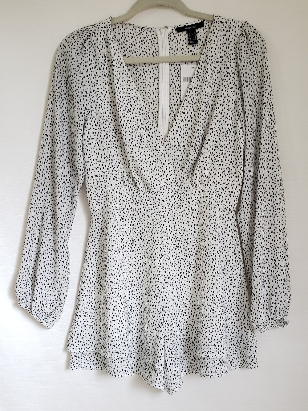 Express Chiffon Silky White Black Dotted Wrap-Front Long Sleeve Romper NWT M